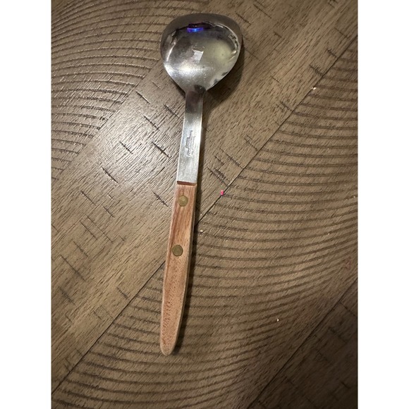 Vintage Mid-Century Modern Soup Spoon - Stainless Japan - Wood Handle Brass - Picture 2 of 2